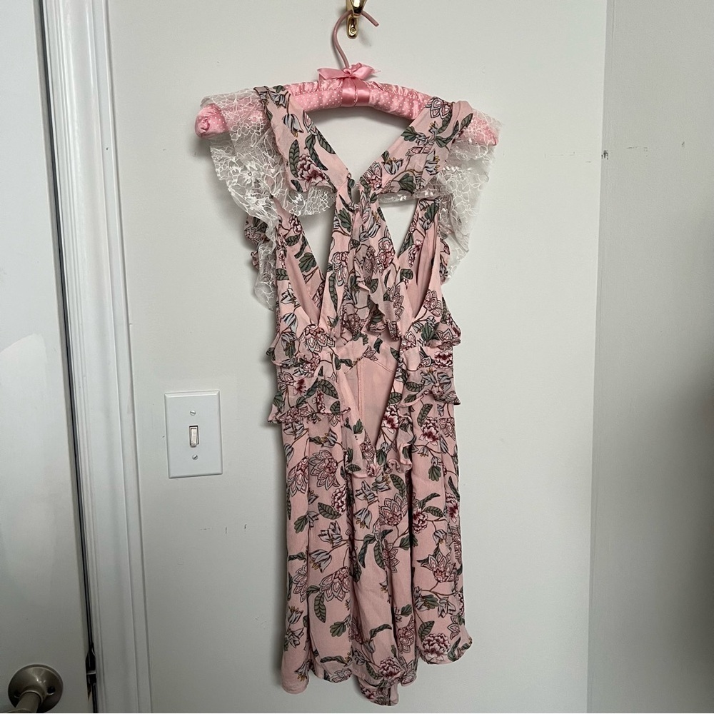 For Love & Lemons Pink Floral Lace Romper | Romantic Ruffle Mini XS - Picture 7 of 8